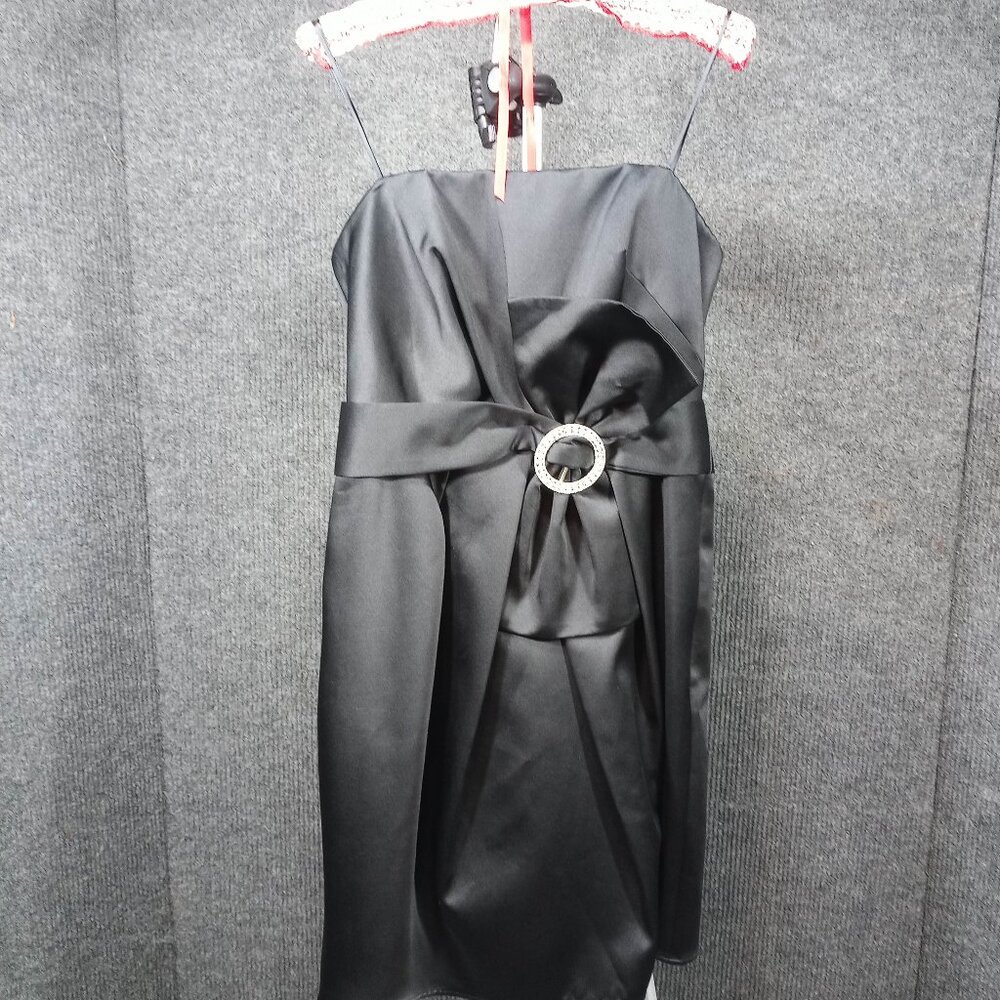 1950's Vintage Black Satin Wiggle Dress with a Big Bow and Rhinestones